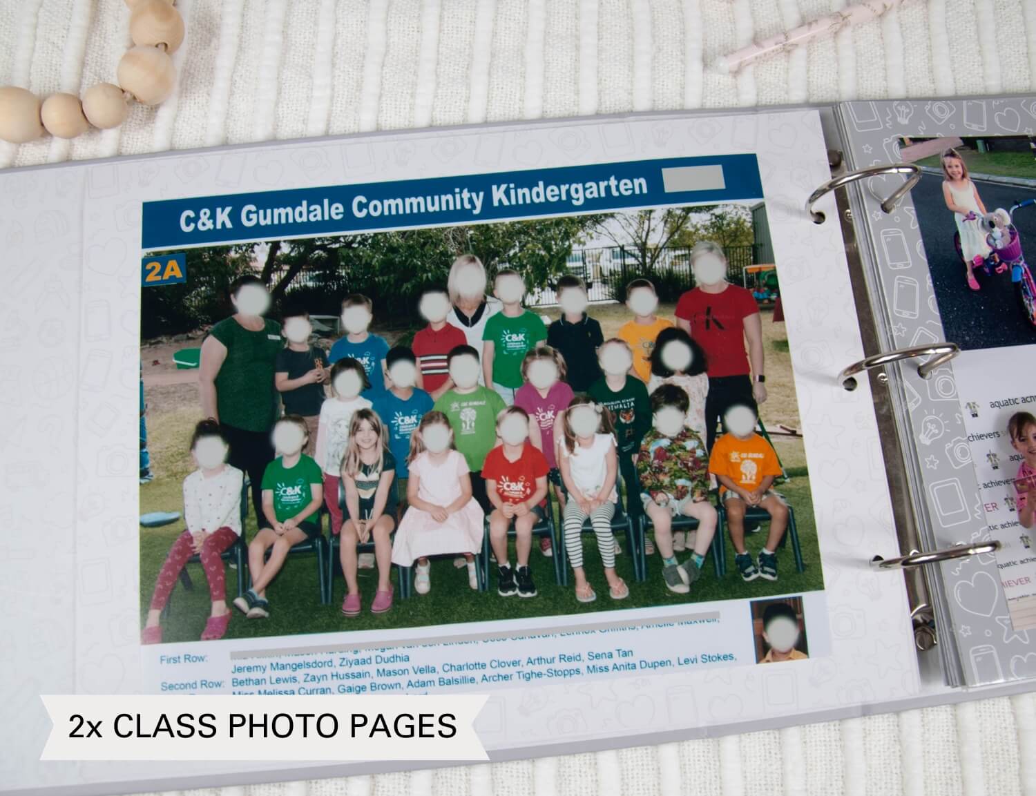 grey school memory book kindy class photo page