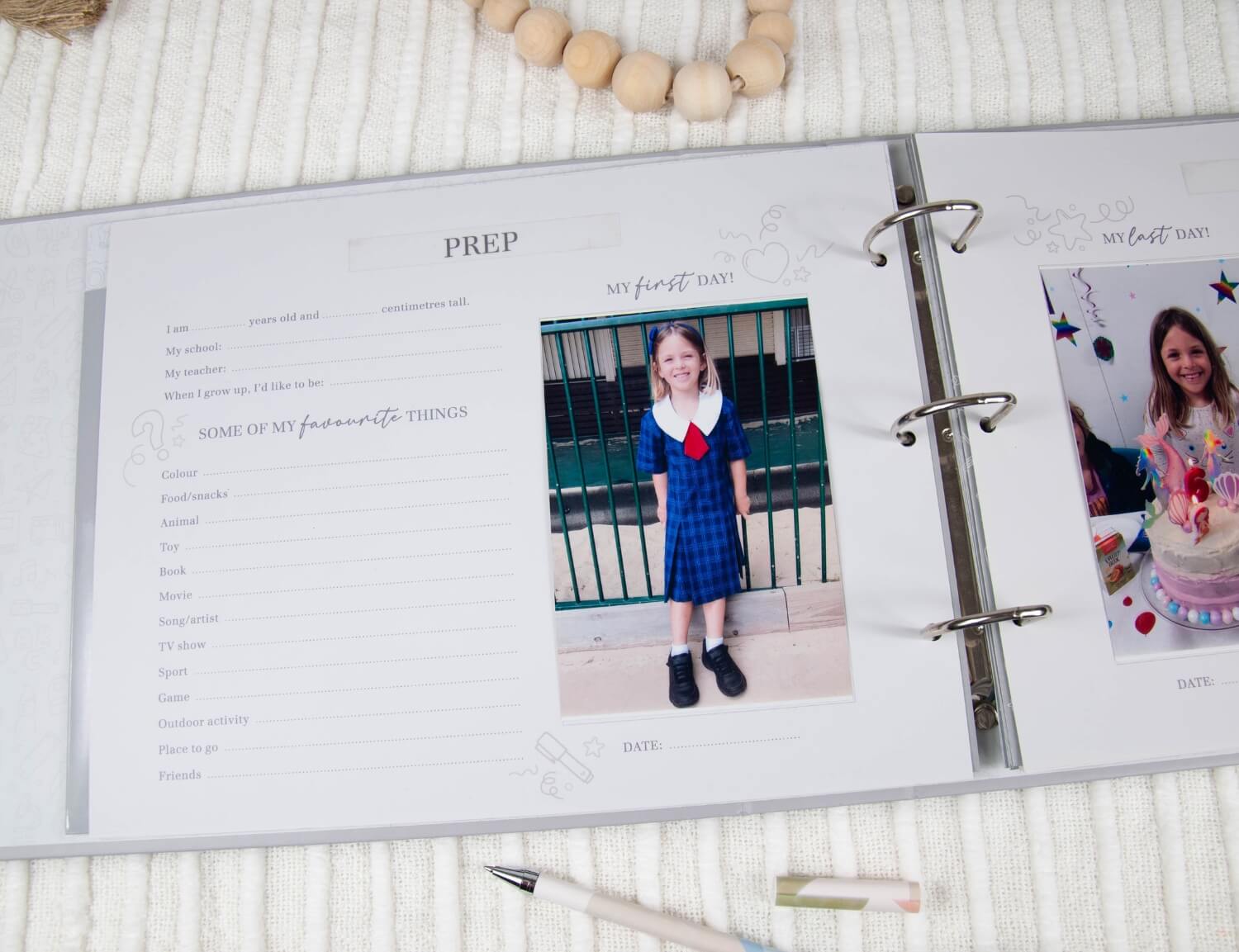 grey school memory book first day of school page